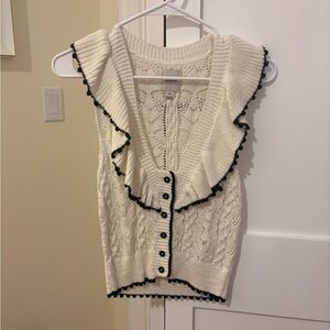 Anthropologie Maeve Ivory Knit Sleeveless Cardigan with Black Trim